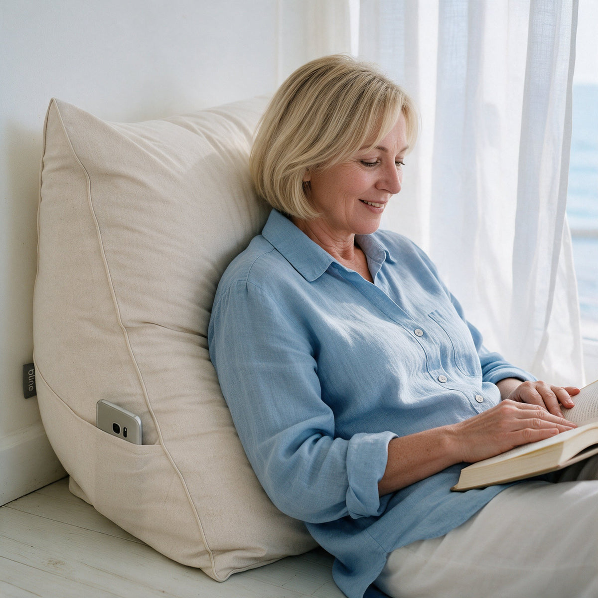 Vrouw met een boek tegen het leeskussen Bline, kleur Beige, met telefoon in het zijvak