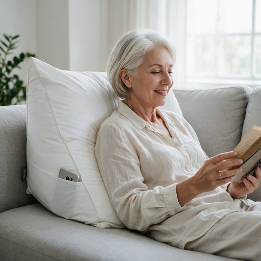 Vrouw leest een boek tegen het leeskussen Bline, kleur Wit, met telefoon in het zijvak