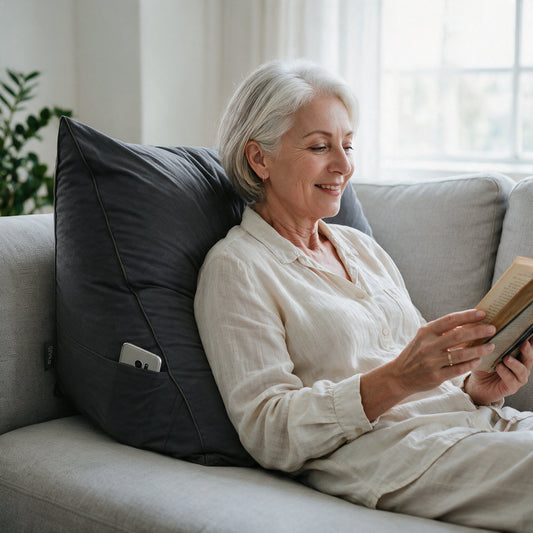 Vrouw leest een boek tegen het leeskussen Bline, kleur Zwart, op de bank