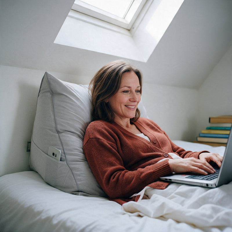 Vrouw werkt met laptop in bed tegen een grijs Bline leeskussen