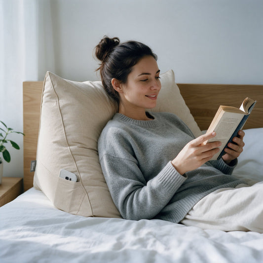 Vrouw leest een boek tegen het leeskussen Bline, kleur Beige