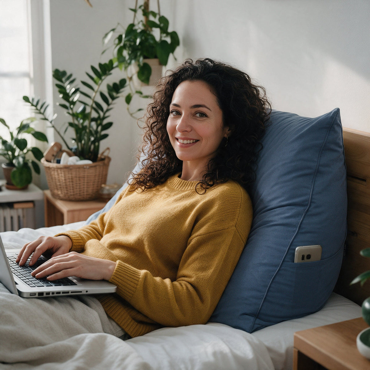 Vrouw met laptop tegen het leeskussen Bline, kleur Blauw