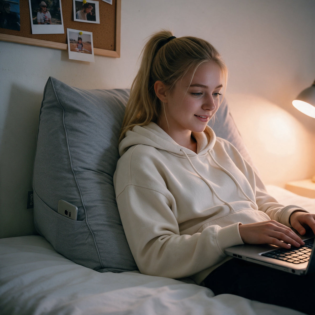 Vrouw werkt 's avonds op haar laptop tegen het leeskussen Bline, kleur Grijs