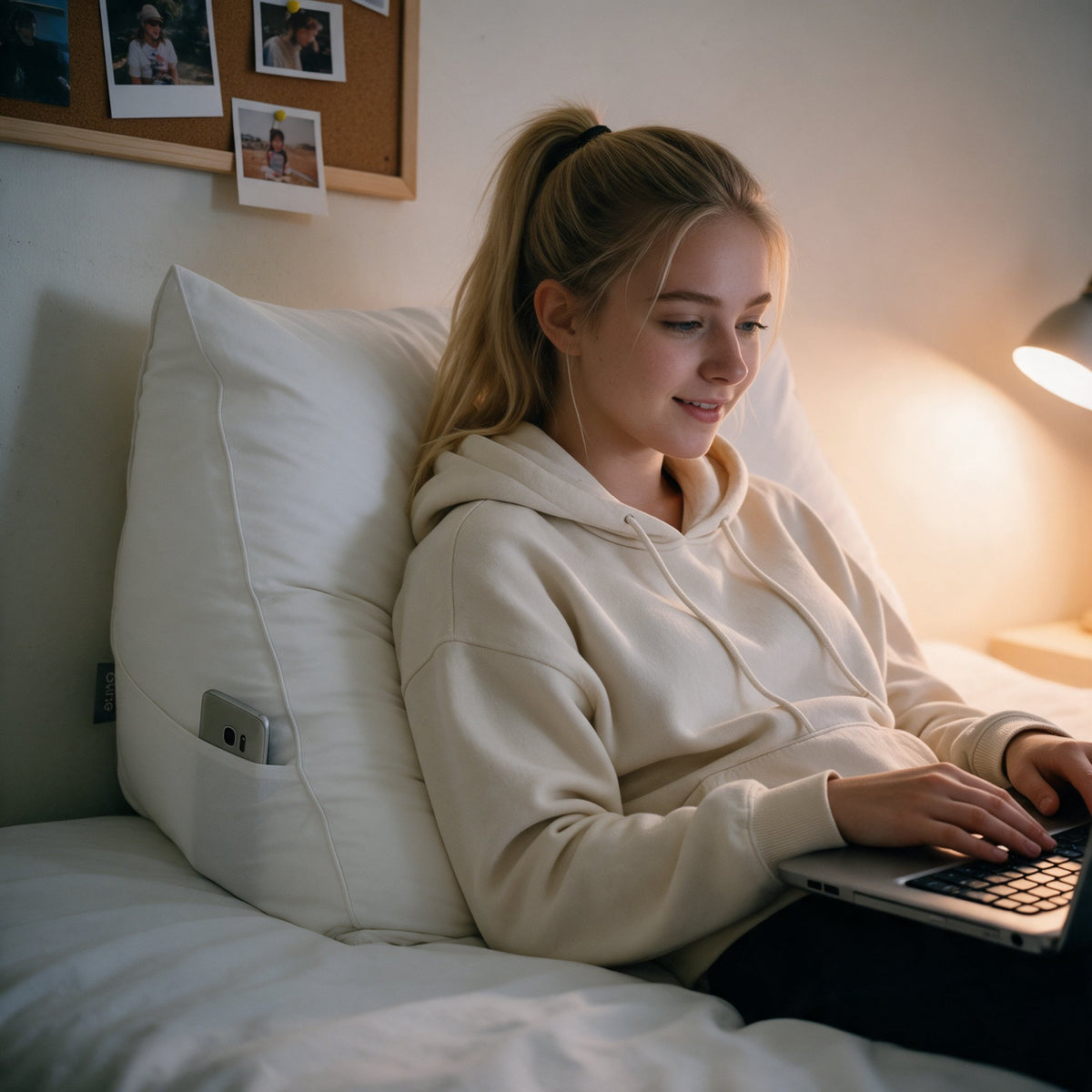 Vrouw werkt op haar laptop tegen het leeskussen Bline, kleur Wit