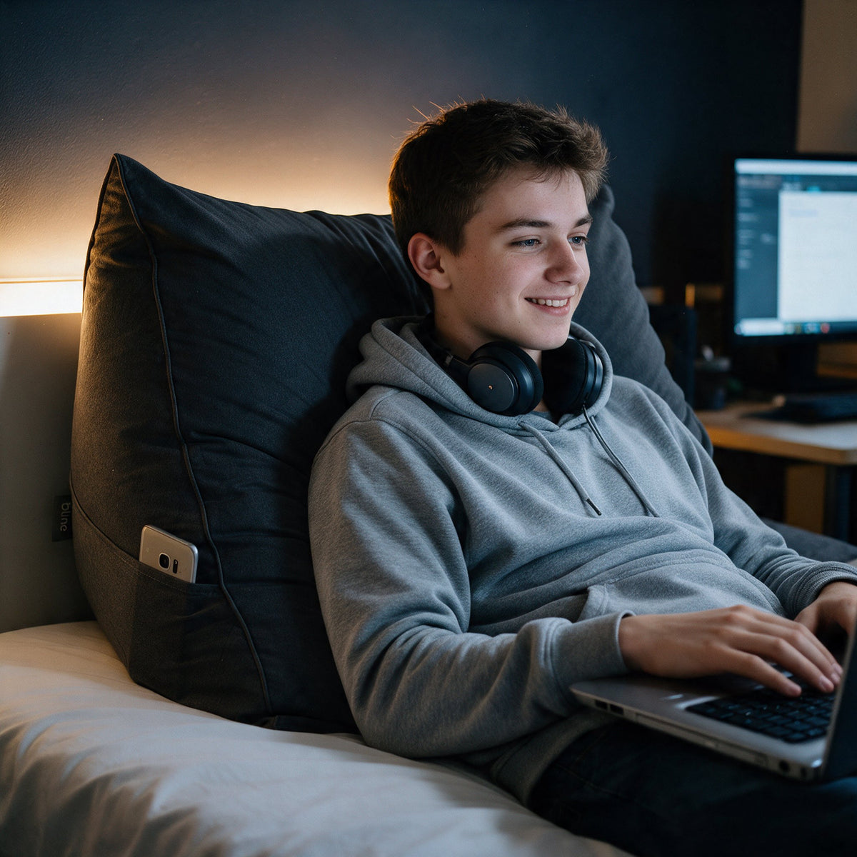 Jongen met laptop tegen het leeskussen Bline, kleur Zwart